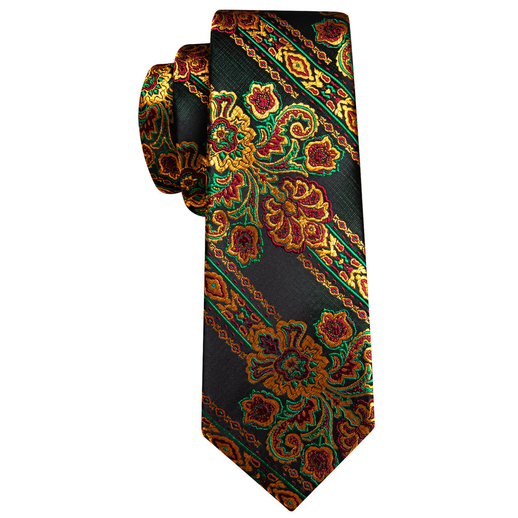 Black Gold Green Paisley Silk Tie, Pocket Square and Cufflinks Set tie sets - Sophisticated Gentlemen
