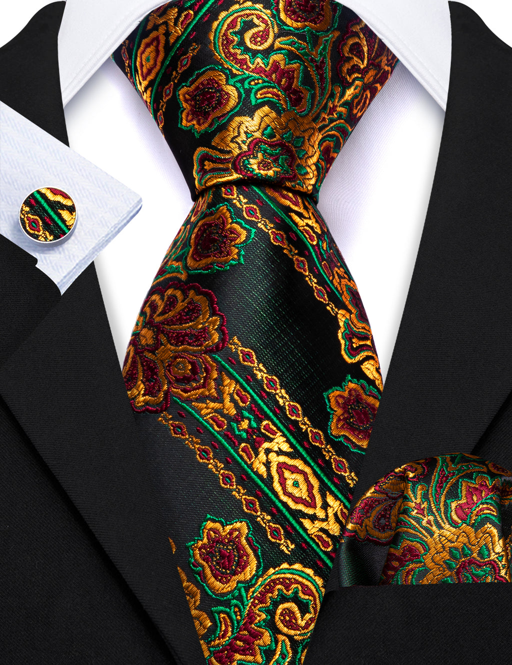 Black Gold Green Paisley Silk Tie, Pocket Square and Cufflinks Set tie sets - Sophisticated Gentlemen