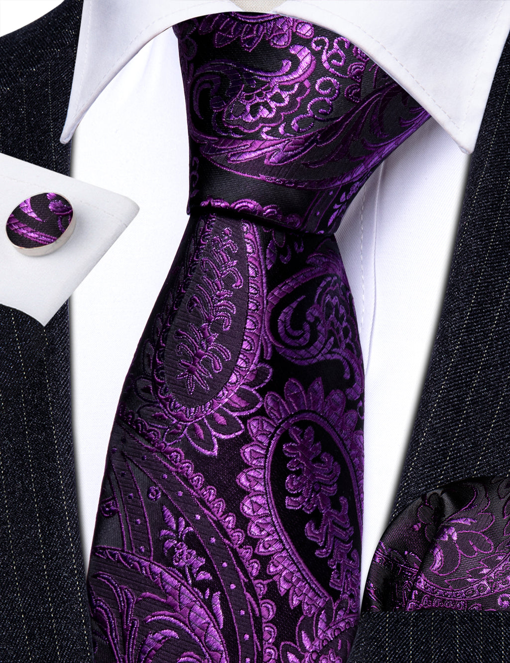 Purple Paisley Silk Tie, Pocket Square and Cufflinks Set tie sets - Sophisticated Gentlemen