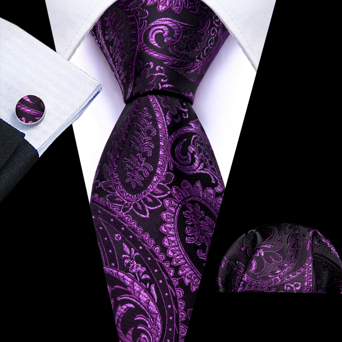 Purple Paisley Silk Tie, Pocket Square and Cufflinks Set tie sets - Sophisticated Gentlemen