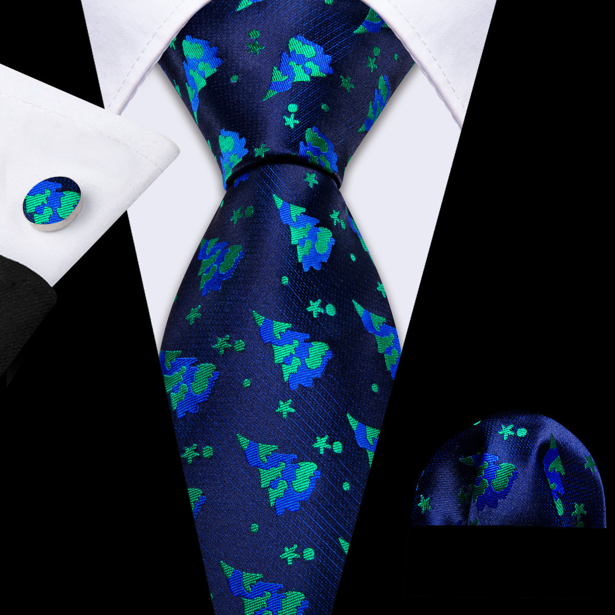 Blue Green Christmas Tree Tie, Pocket Square and Cufflinks Set tie sets - Sophisticated Gentlemen