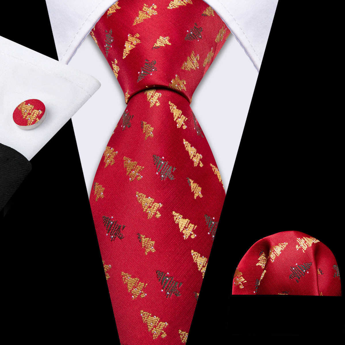 Crimson & Gold Christmas Tree Jacquard Tie, Pocket Square, and Cufflinks Set tie sets - Sophisticated Gentlemen