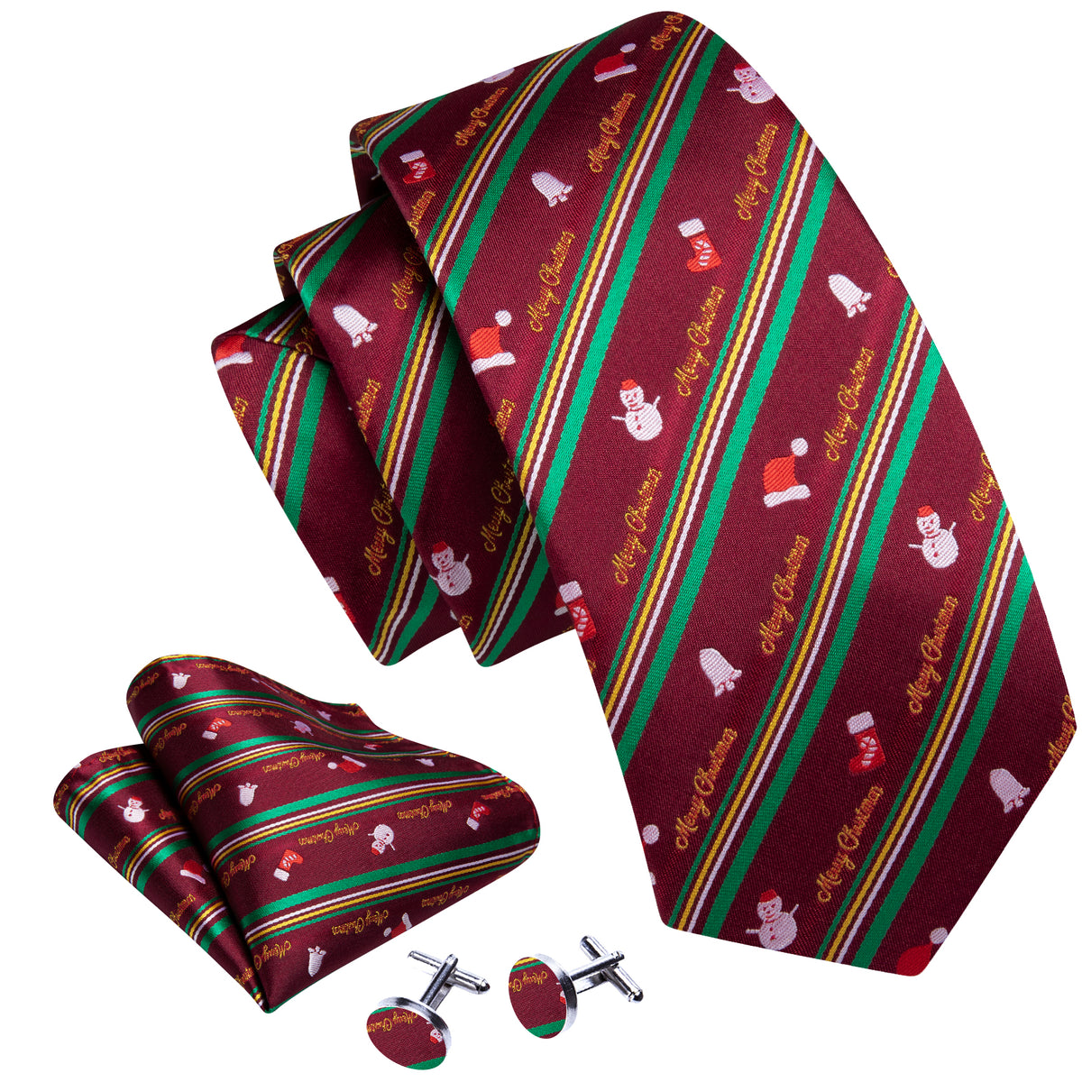 Claret Red Festive Merry Christmas Tie, Pocket Square, and Cufflinks Set tie sets - Sophisticated Gentlemen