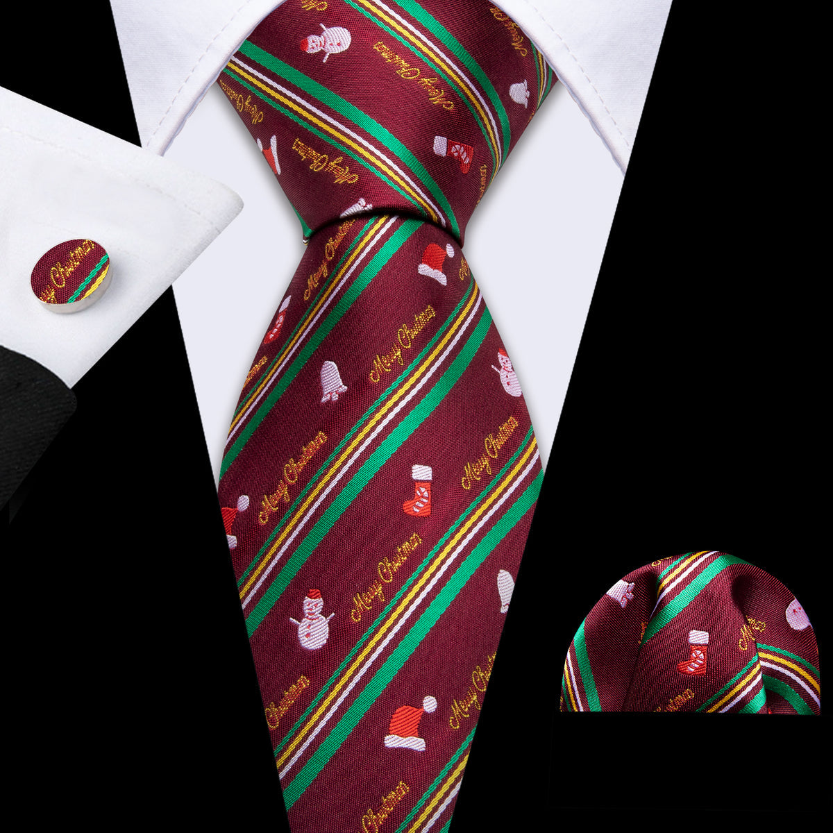 Claret Red Festive Merry Christmas Tie, Pocket Square, and Cufflinks Set tie sets - Sophisticated Gentlemen