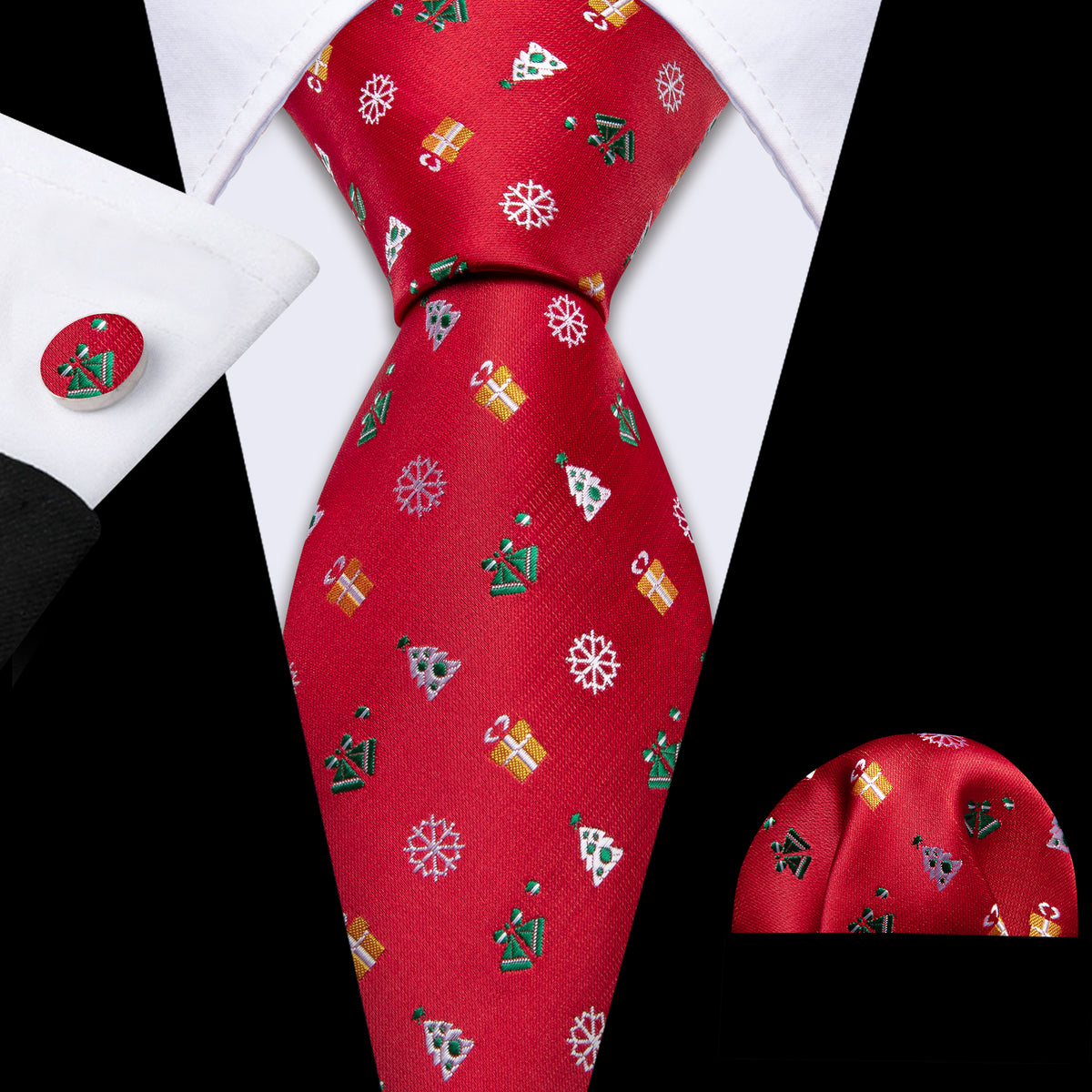 Red Christmas Pattern Tie, Pocket Square and Cufflinks Set tie sets - Sophisticated Gentlemen