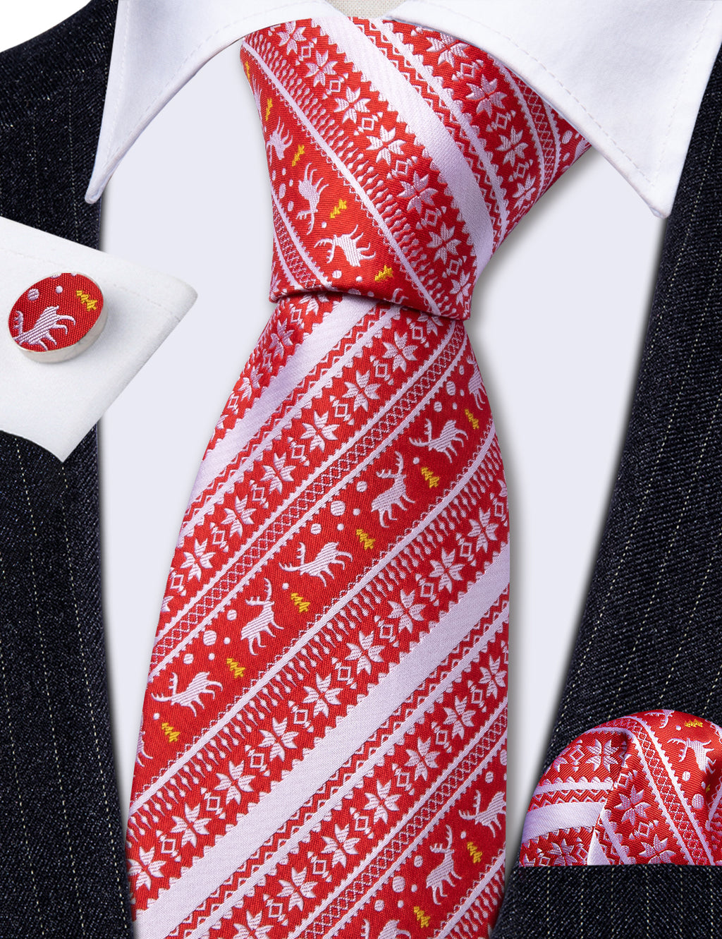 Red Silver Christmas Elk Floral Silk Tie, Pocket Square and Cufflinks Set tie sets - Sophisticated Gentlemen