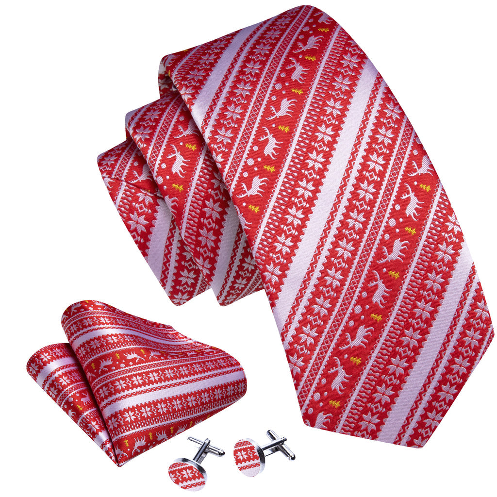 Red Silver Christmas Elk Floral Silk Tie, Pocket Square and Cufflinks Set tie sets - Sophisticated Gentlemen