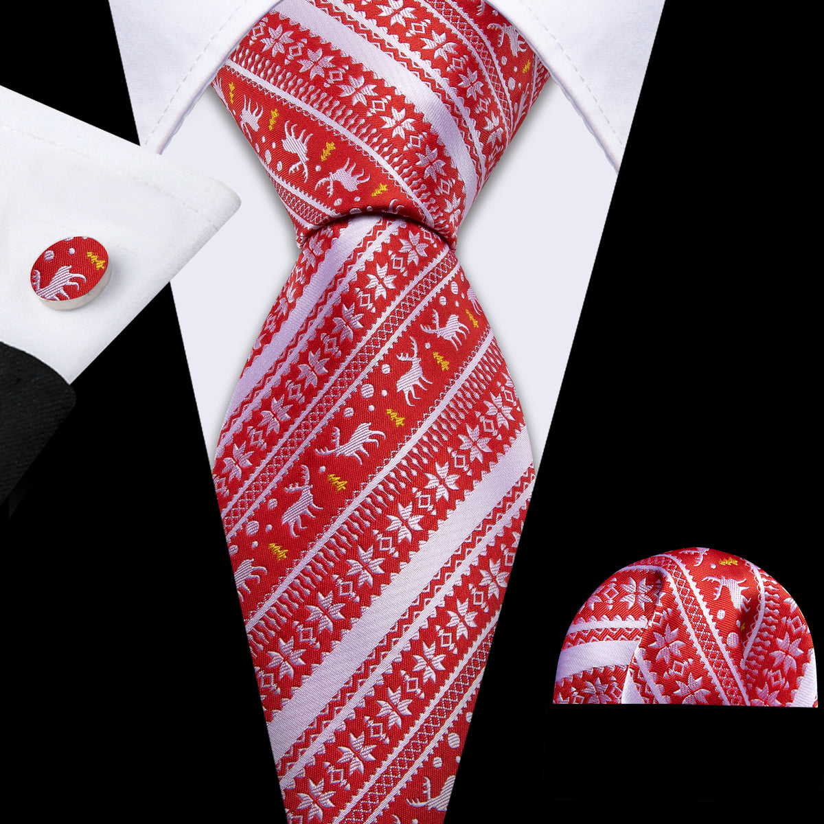 Red Silver Christmas Elk Floral Silk Tie, Pocket Square and Cufflinks Set tie sets - Sophisticated Gentlemen