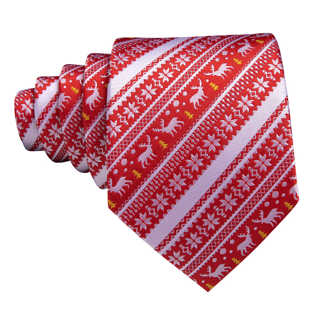 Red Silver Christmas Elk Floral Silk Tie, Pocket Square and Cufflinks Set tie sets - Sophisticated Gentlemen