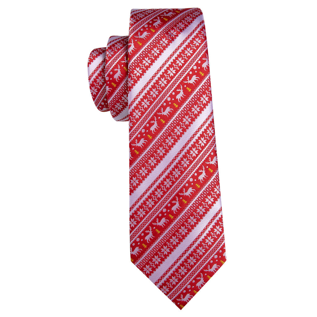 Red Silver Christmas Elk Floral Silk Tie, Pocket Square and Cufflinks Set tie sets - Sophisticated Gentlemen