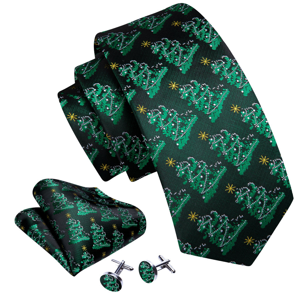 Emerald Green Christmas Tree Tie, Pocket Square, and Cufflinks Set tie sets - Sophisticated Gentlemen