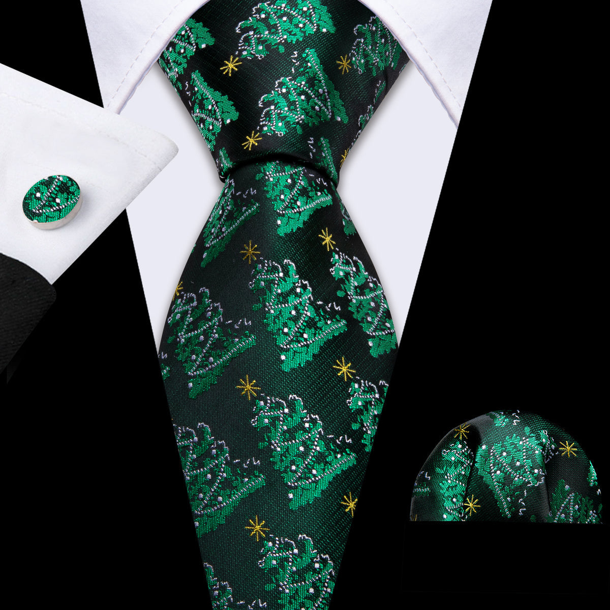 Emerald Green Christmas Tree Tie, Pocket Square, and Cufflinks Set tie sets - Sophisticated Gentlemen