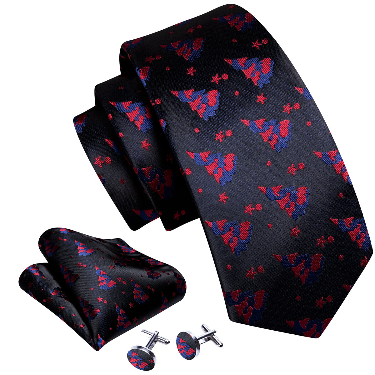Black Red Christmas Jacquard Tie, Pocket Square and Cufflinks Set tie sets - Sophisticated Gentlemen