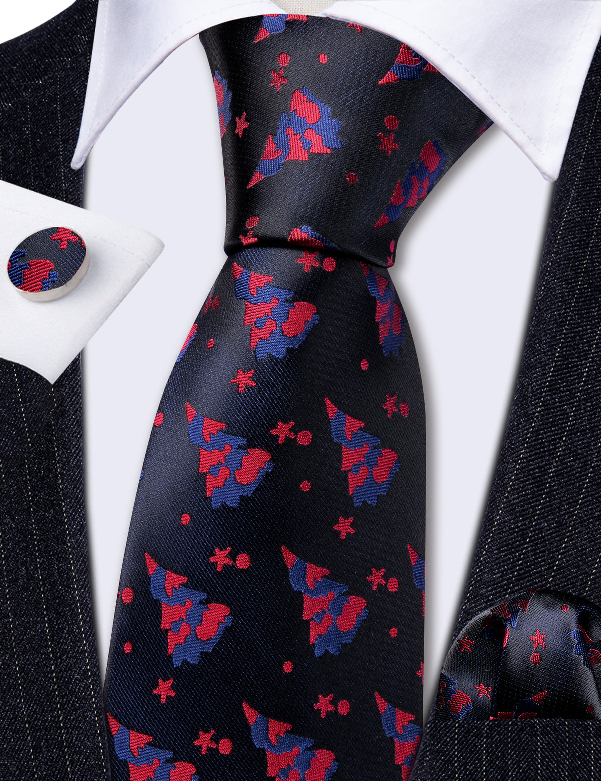 Black Red Christmas Jacquard Tie, Pocket Square and Cufflinks Set tie sets - Sophisticated Gentlemen