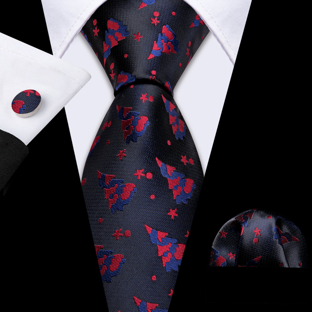 Black Red Christmas Jacquard Tie, Pocket Square and Cufflinks Set tie sets - Sophisticated Gentlemen