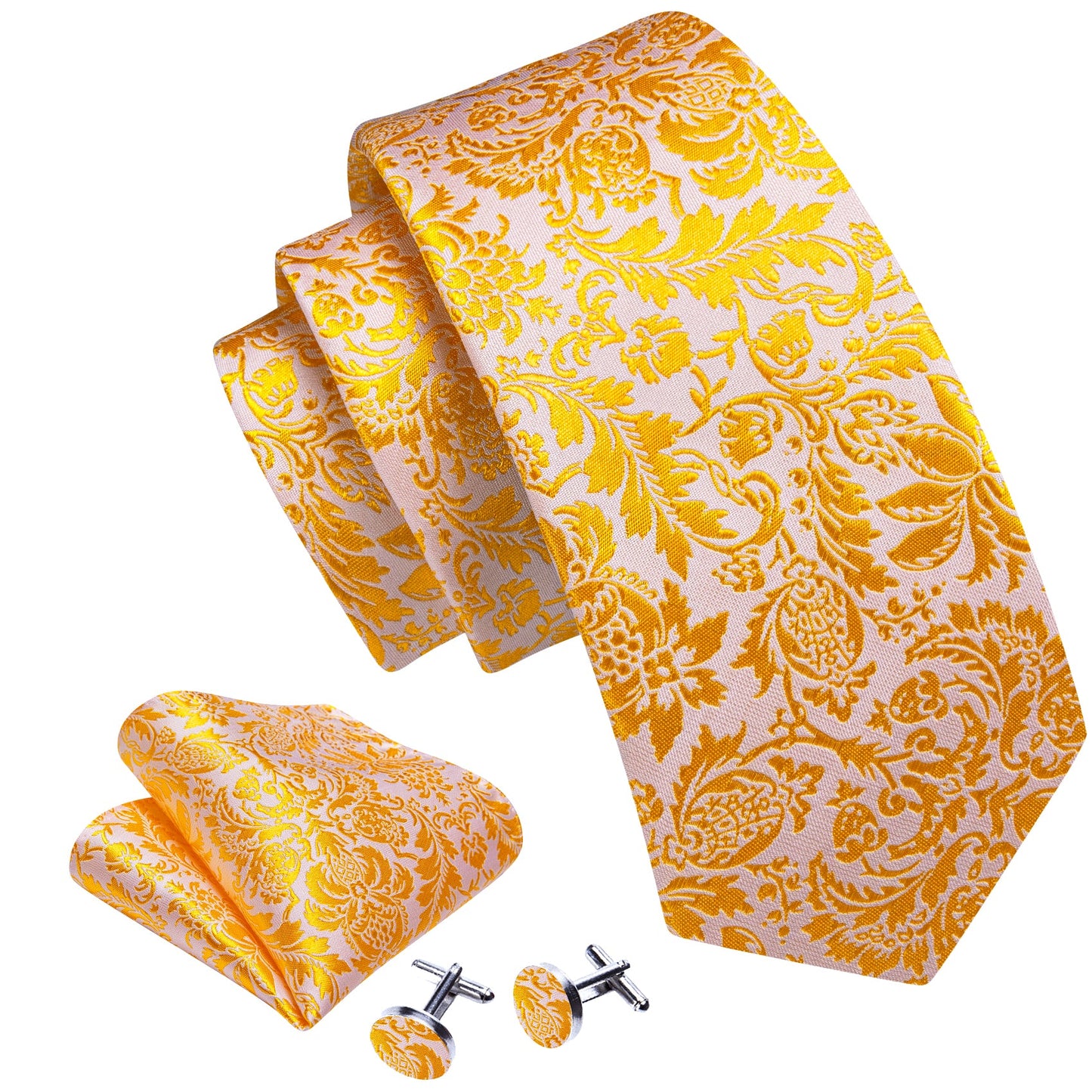 Gold and White Floral Silk Tie, Pocket Square and Cufflinks tie sets - Sophisticated Gentlemen