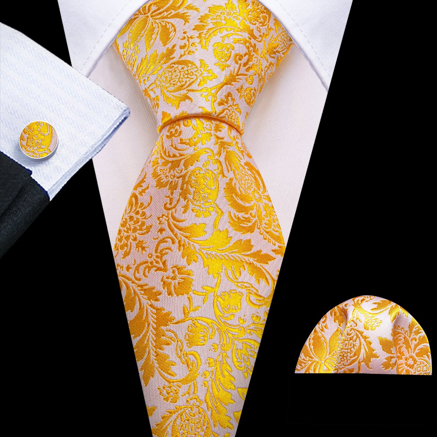 Gold and White Floral Silk Tie, Pocket Square and Cufflinks tie sets - Sophisticated Gentlemen