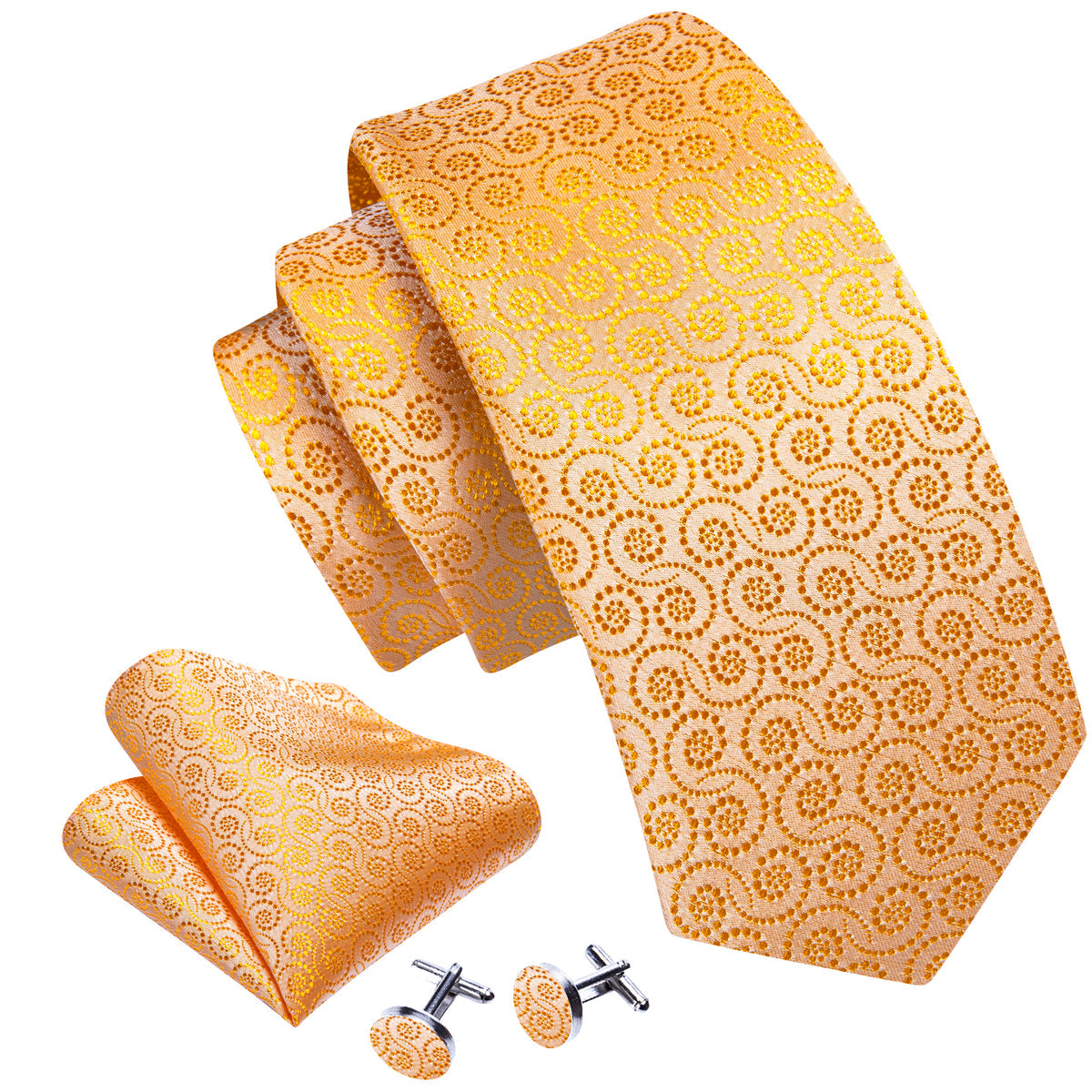 Gold Yellow Floral Silk Tie, Pocket Square and Cufflinks Set tie sets - Sophisticated Gentlemen