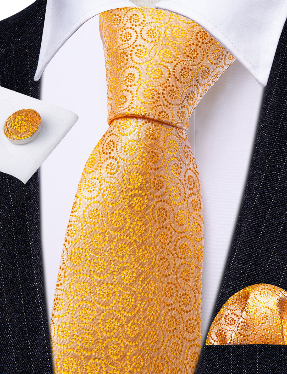 Gold Yellow Floral Silk Tie, Pocket Square and Cufflinks Set tie sets - Sophisticated Gentlemen