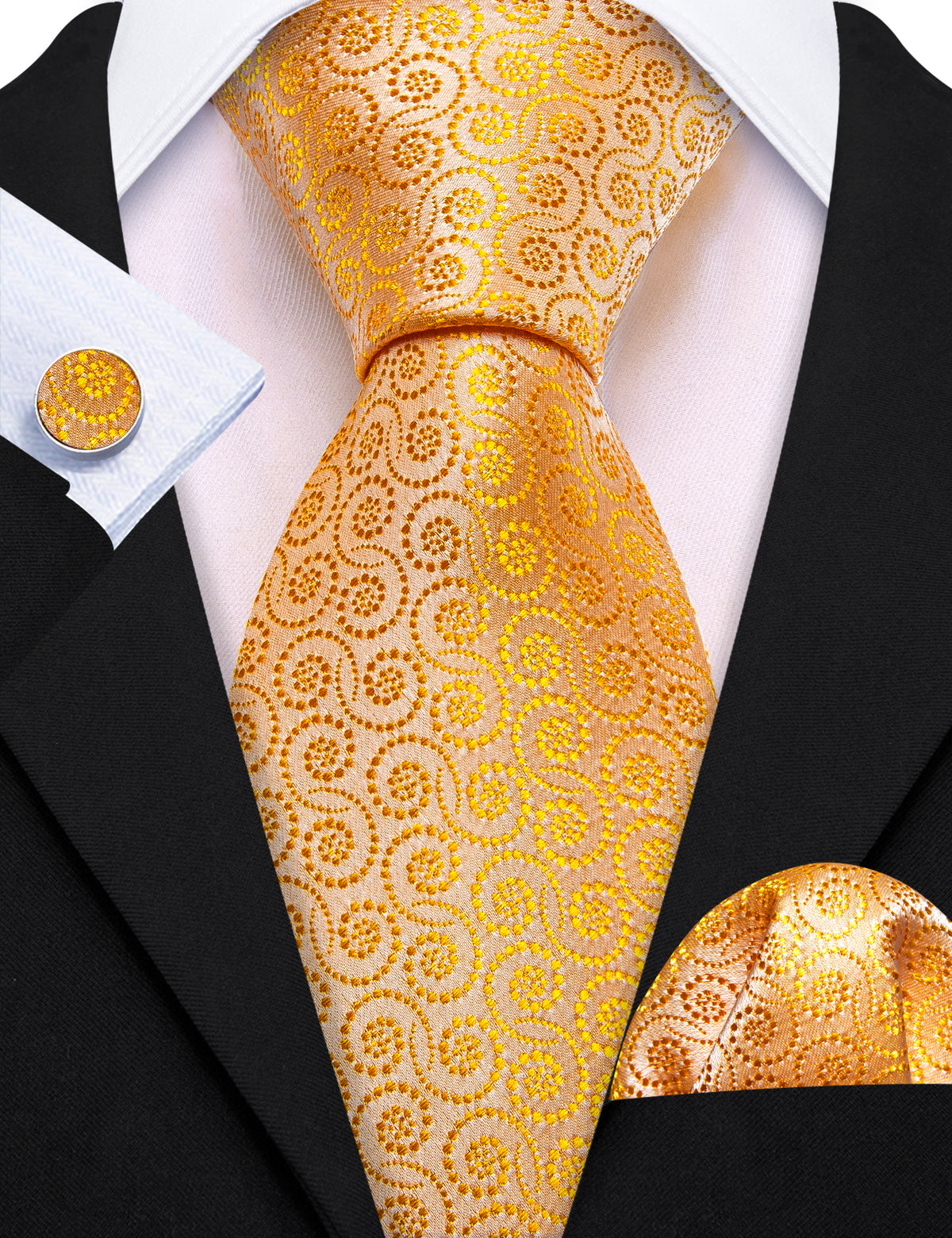 Gold Yellow Floral Silk Tie, Pocket Square and Cufflinks Set tie sets - Sophisticated Gentlemen