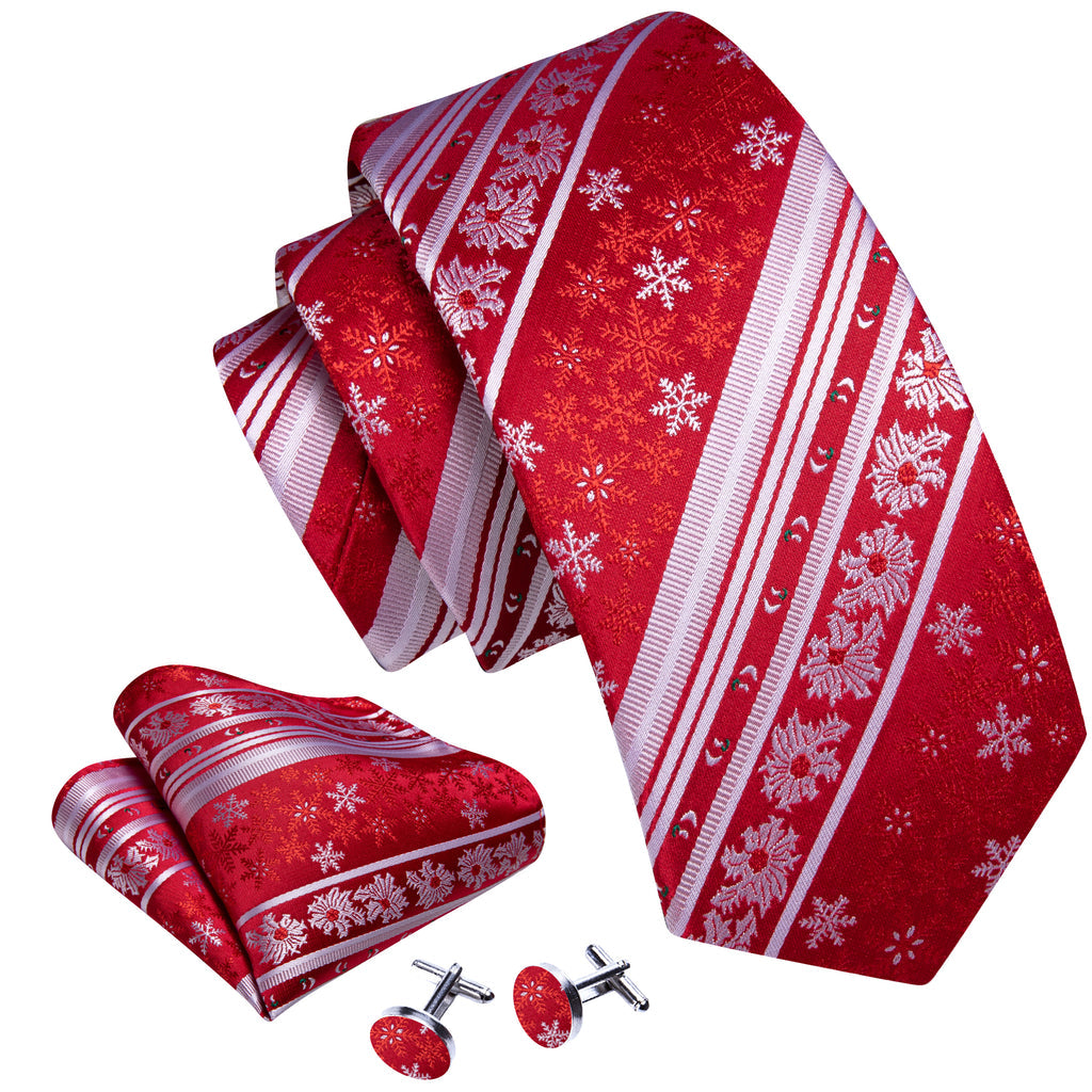 Crimson & Snow White Christmas Snowflake Silk Tie, Pocket Square, and Cufflinks Set tie sets - Sophisticated Gentlemen