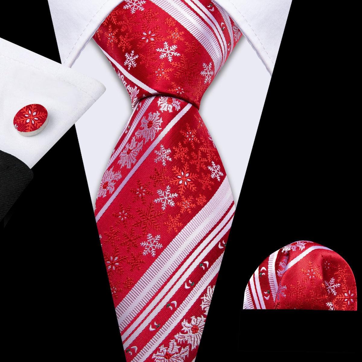 Crimson & Snow White Christmas Snowflake Silk Tie, Pocket Square, and Cufflinks Set tie sets - Sophisticated Gentlemen