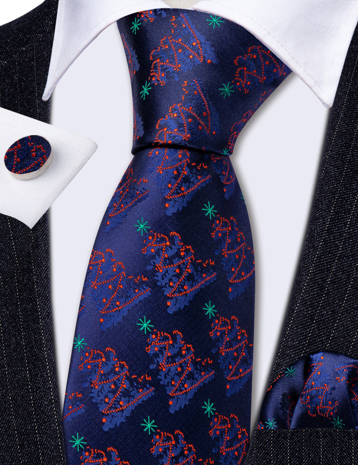 Christmas Ultra Marine Xmas Tree Pattern Tie, Pocket Square and Cufflinks Set tie sets - Sophisticated Gentlemen