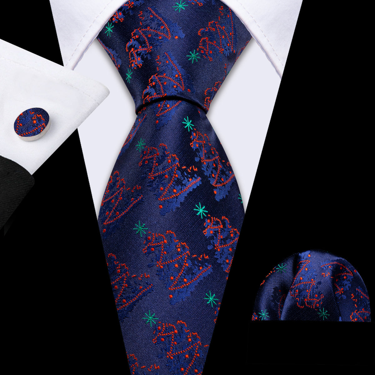 Christmas Ultra Marine Xmas Tree Pattern Tie, Pocket Square and Cufflinks Set tie sets - Sophisticated Gentlemen