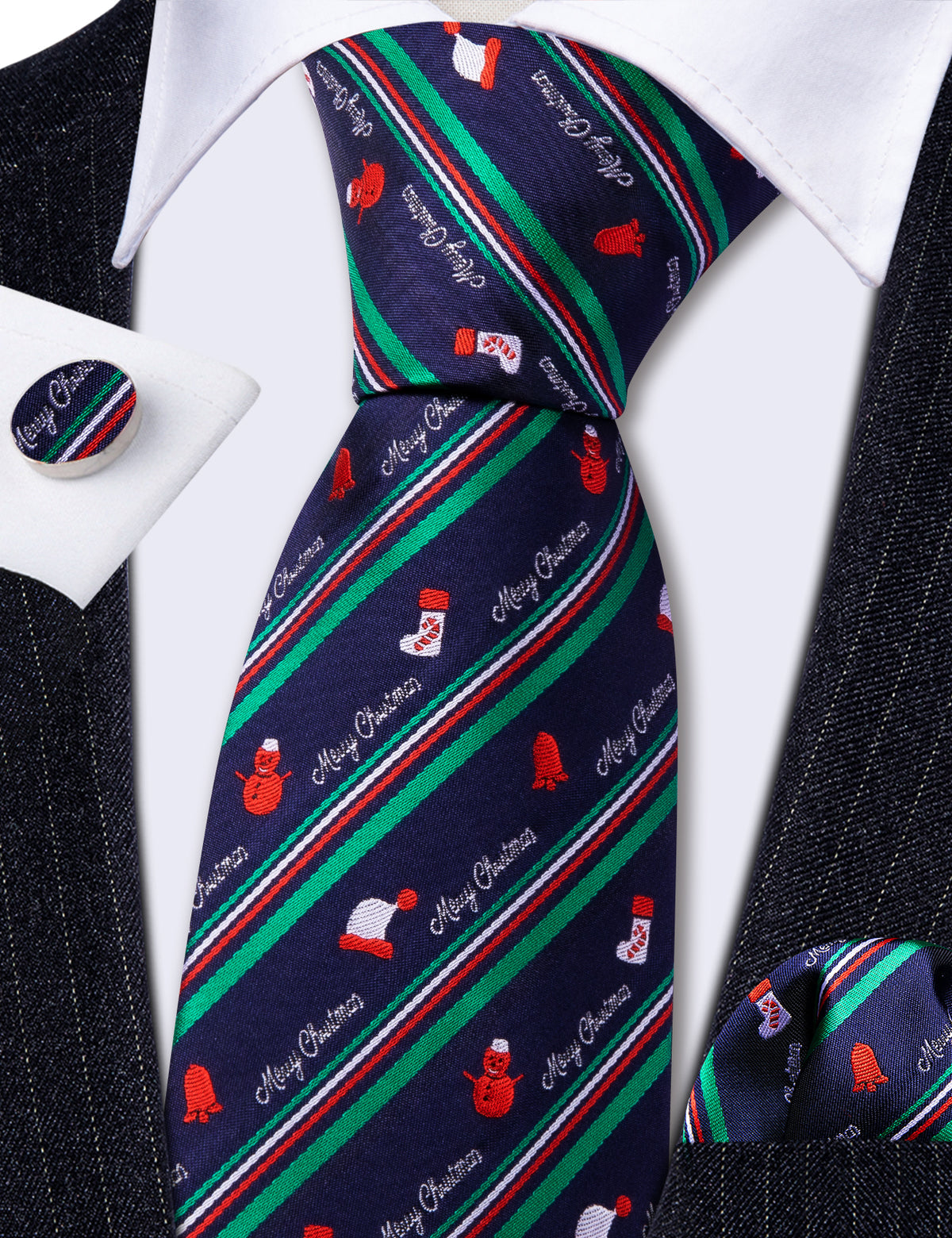 Blue Christmas Santa Hat Tie, Pocket Square and Cufflinks Set tie sets - Sophisticated Gentlemen