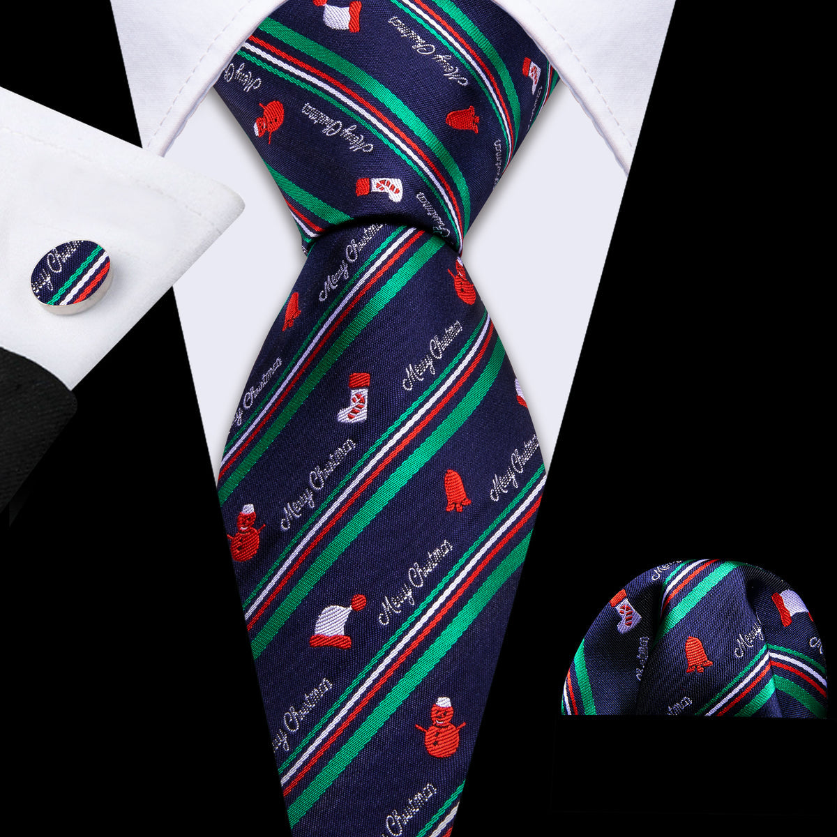Blue Christmas Santa Hat Tie, Pocket Square and Cufflinks Set tie sets - Sophisticated Gentlemen