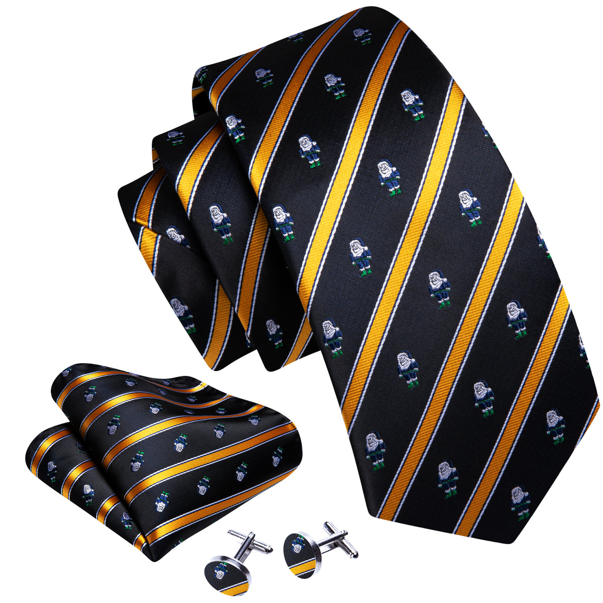 Black Yellow Christmas Santa Claus Pattern Tie, Pocket Square and Cufflinks Set tie sets - Sophisticated Gentlemen