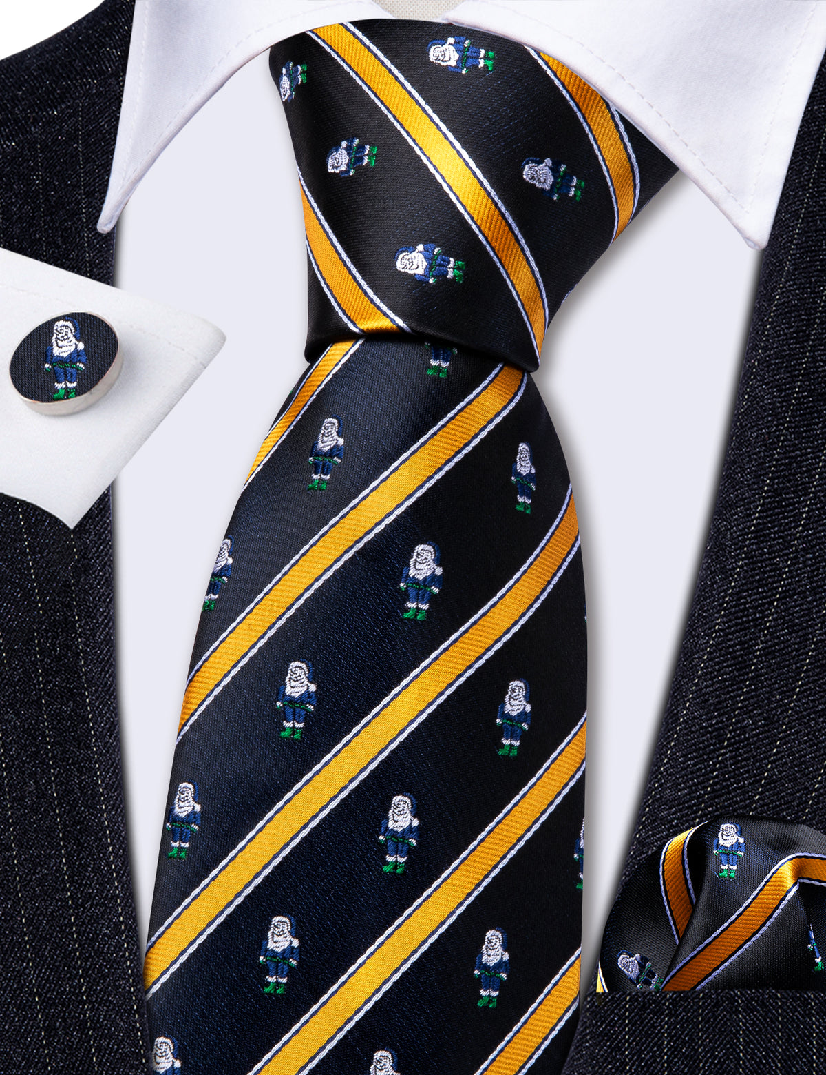Black Yellow Christmas Santa Claus Pattern Tie, Pocket Square and Cufflinks Set tie sets - Sophisticated Gentlemen