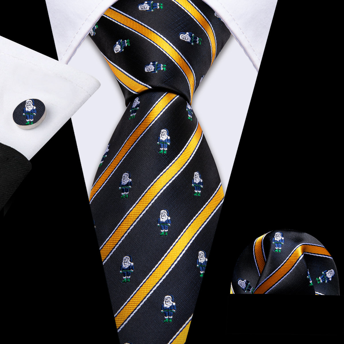 Black Yellow Christmas Santa Claus Pattern Tie, Pocket Square and Cufflinks Set tie sets - Sophisticated Gentlemen