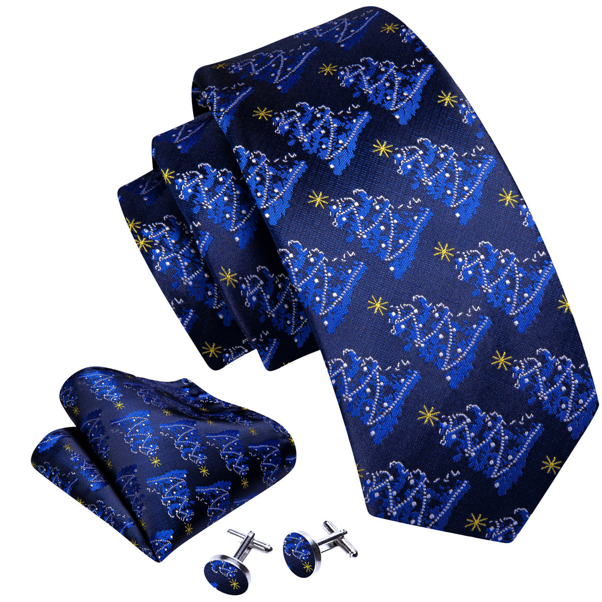 Midnight Blue Christmas Tree Jacquard Tie, Pocket Square & Cufflinks Set tie sets - Sophisticated Gentlemen