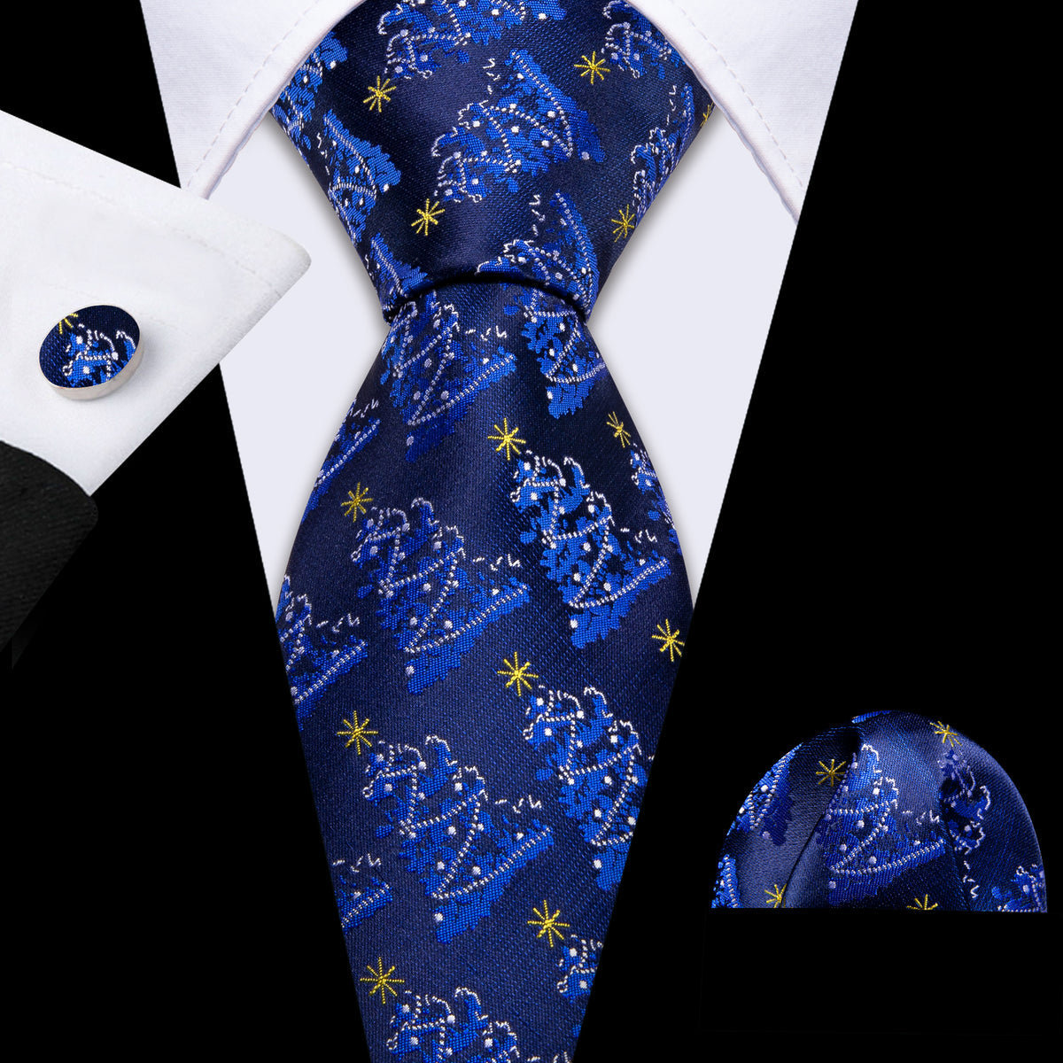 Midnight Blue Christmas Tree Jacquard Tie, Pocket Square & Cufflinks Set tie sets - Sophisticated Gentlemen