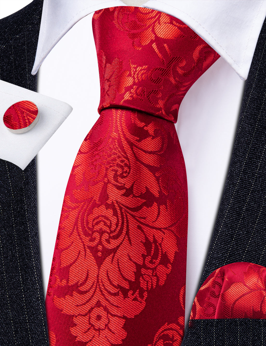 Bright Red Floral Silk Tie, Pocket Square and Cufflinks Set tie sets - Sophisticated Gentlemen