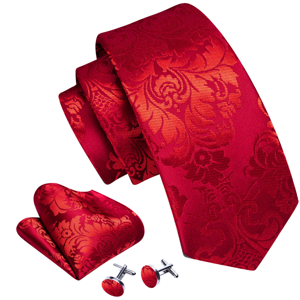 Bright Red Floral Silk Tie, Pocket Square and Cufflinks Set tie sets - Sophisticated Gentlemen