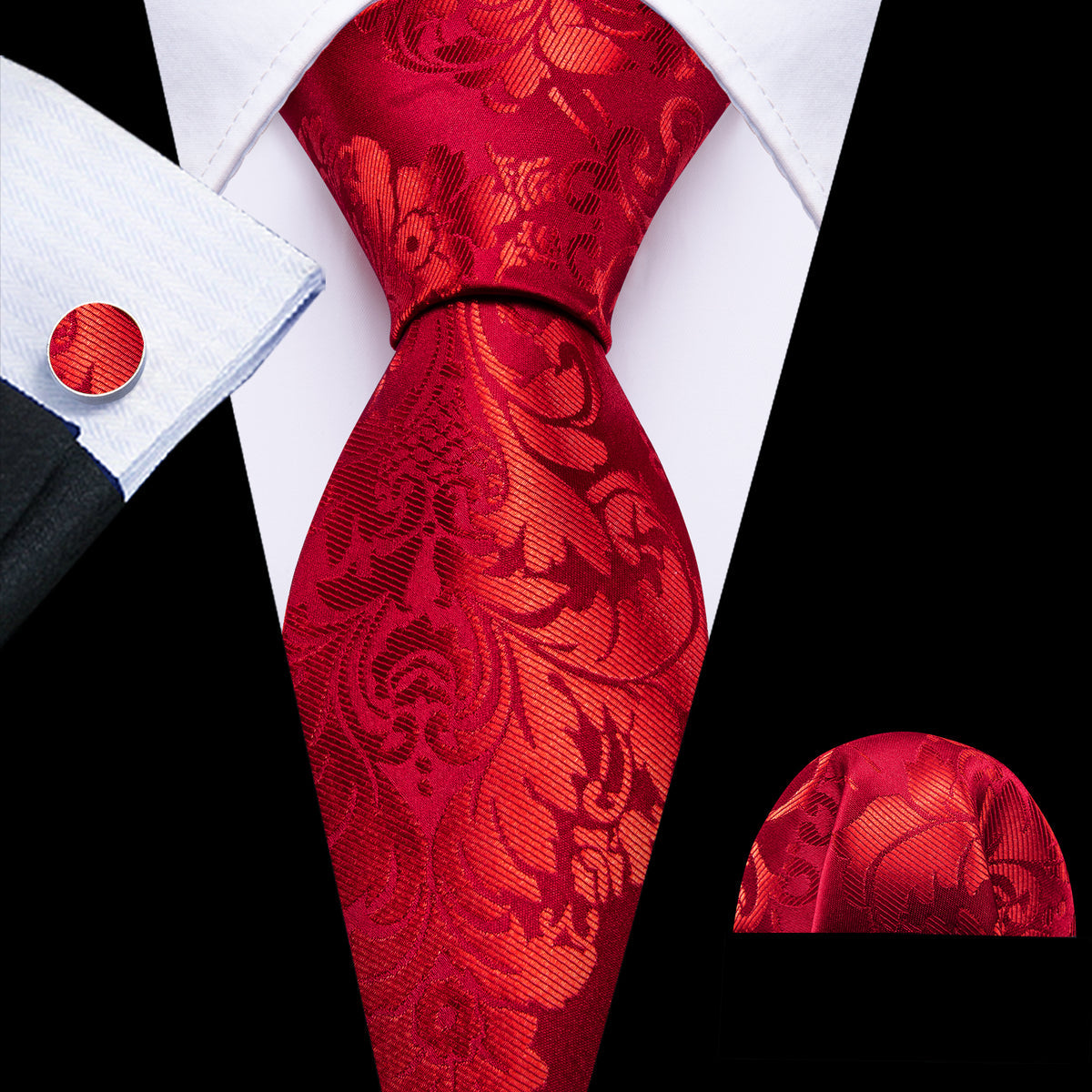 Bright Red Floral Silk Tie, Pocket Square and Cufflinks Set tie sets - Sophisticated Gentlemen