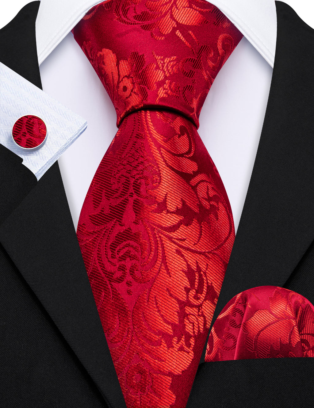 Bright Red Floral Silk Tie, Pocket Square and Cufflinks Set tie sets - Sophisticated Gentlemen