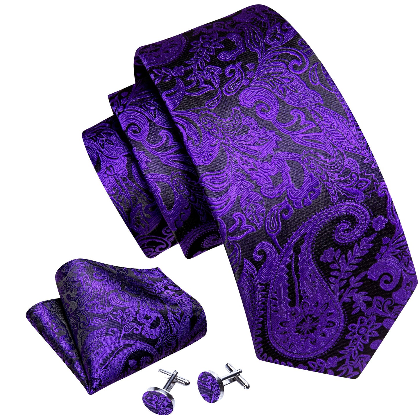 Purple and Black Paisley Floral Tie, Pocket Square and Cufflinks tie sets - Sophisticated Gentlemen