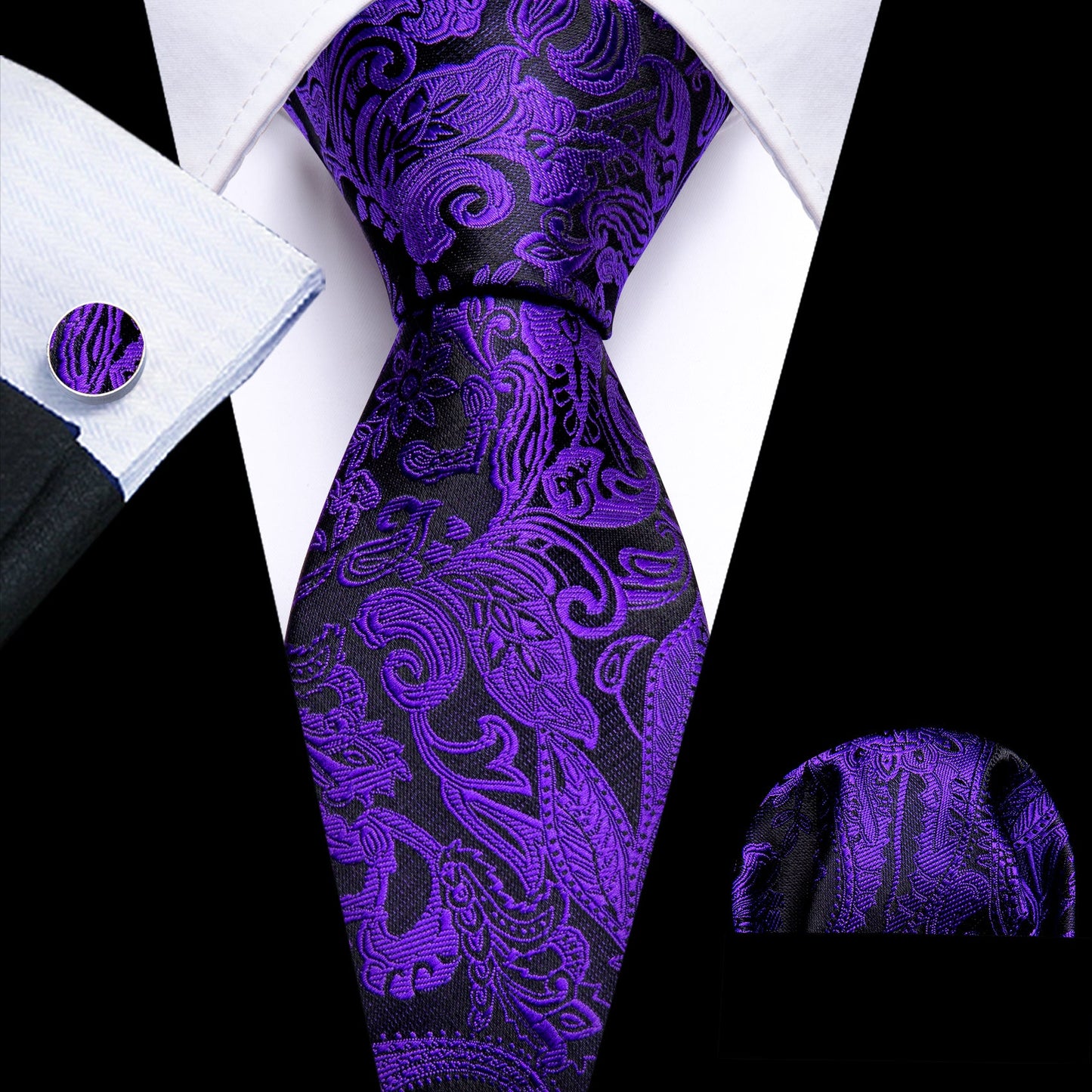 Purple and Black Paisley Floral Tie, Pocket Square and Cufflinks tie sets Default Title - Sophisticated Gentlemen
