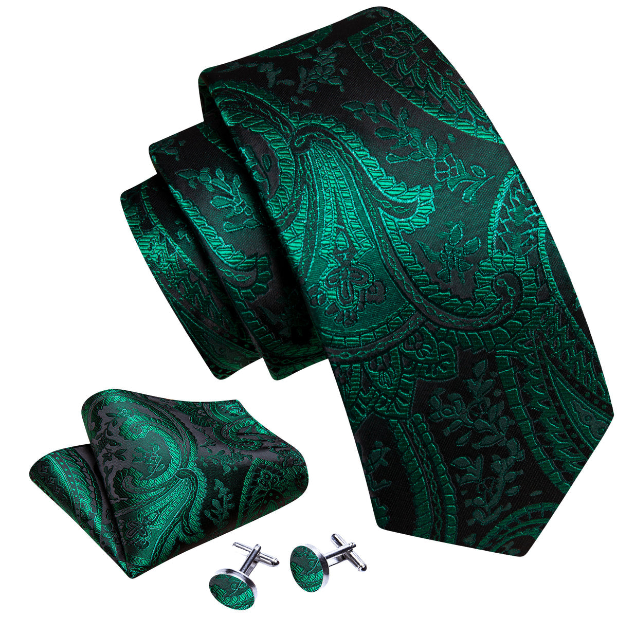 Green Paisley Jacquard Silk Tie, Pocket Square and Cufflinks Set tie sets - Sophisticated Gentlemen