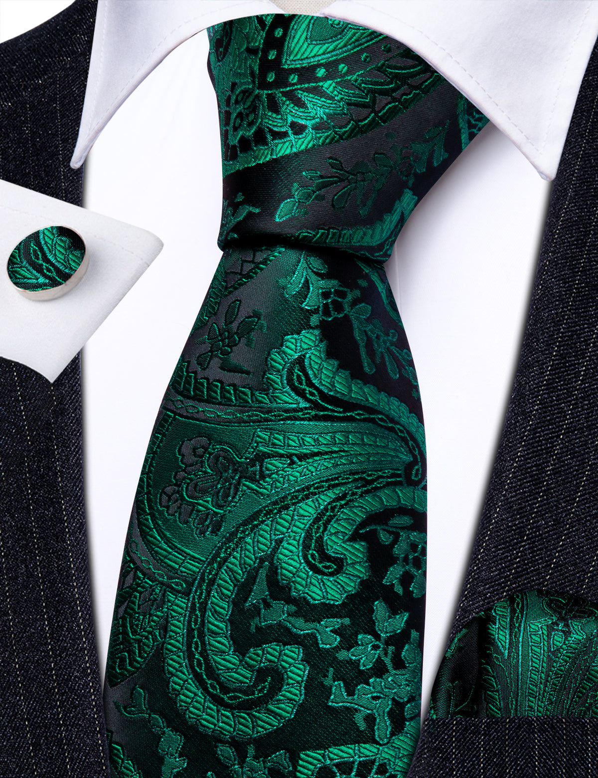 Green Paisley Jacquard Silk Tie, Pocket Square and Cufflinks Set tie sets - Sophisticated Gentlemen