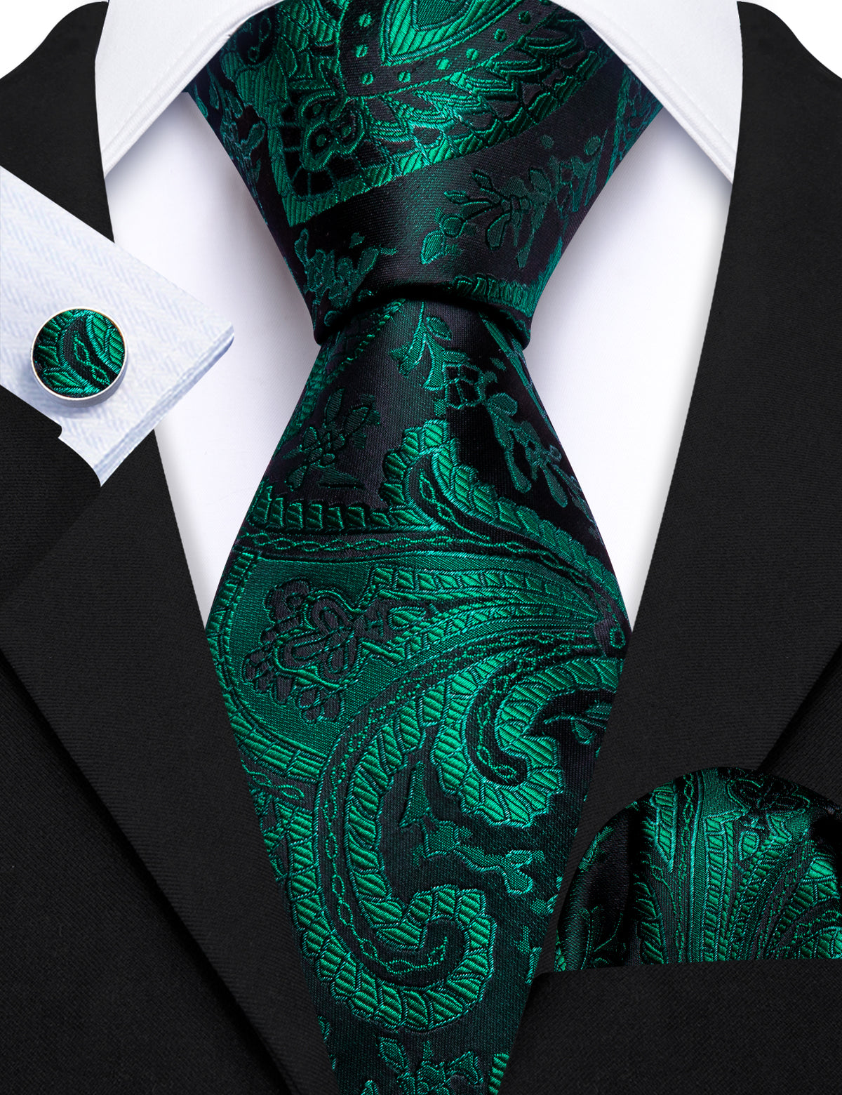 Green Paisley Jacquard Silk Tie, Pocket Square and Cufflinks Set tie sets - Sophisticated Gentlemen