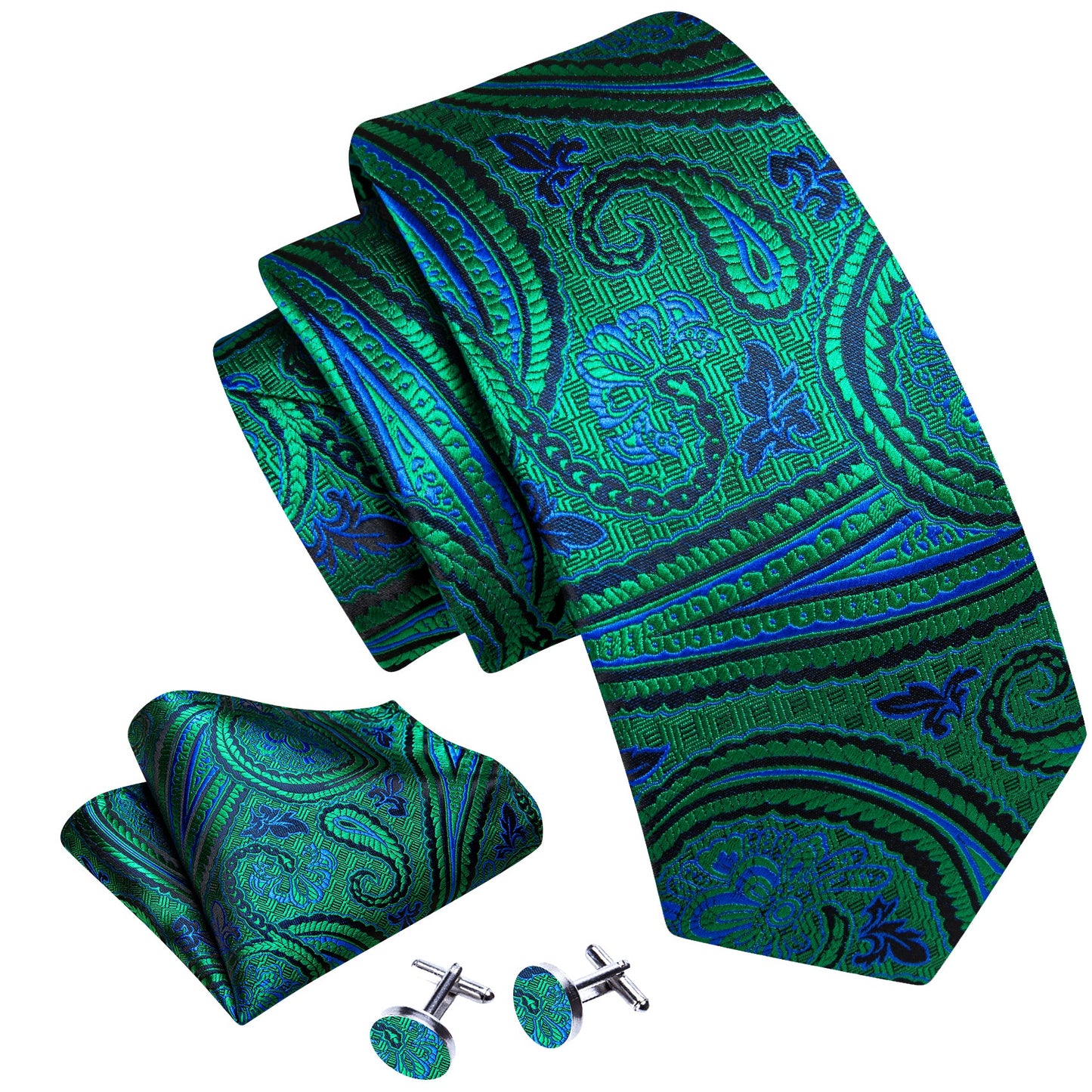 Blue and Green Paisley Floral Tie, Pocket Square and Cufflinks tie sets - Sophisticated Gentlemen