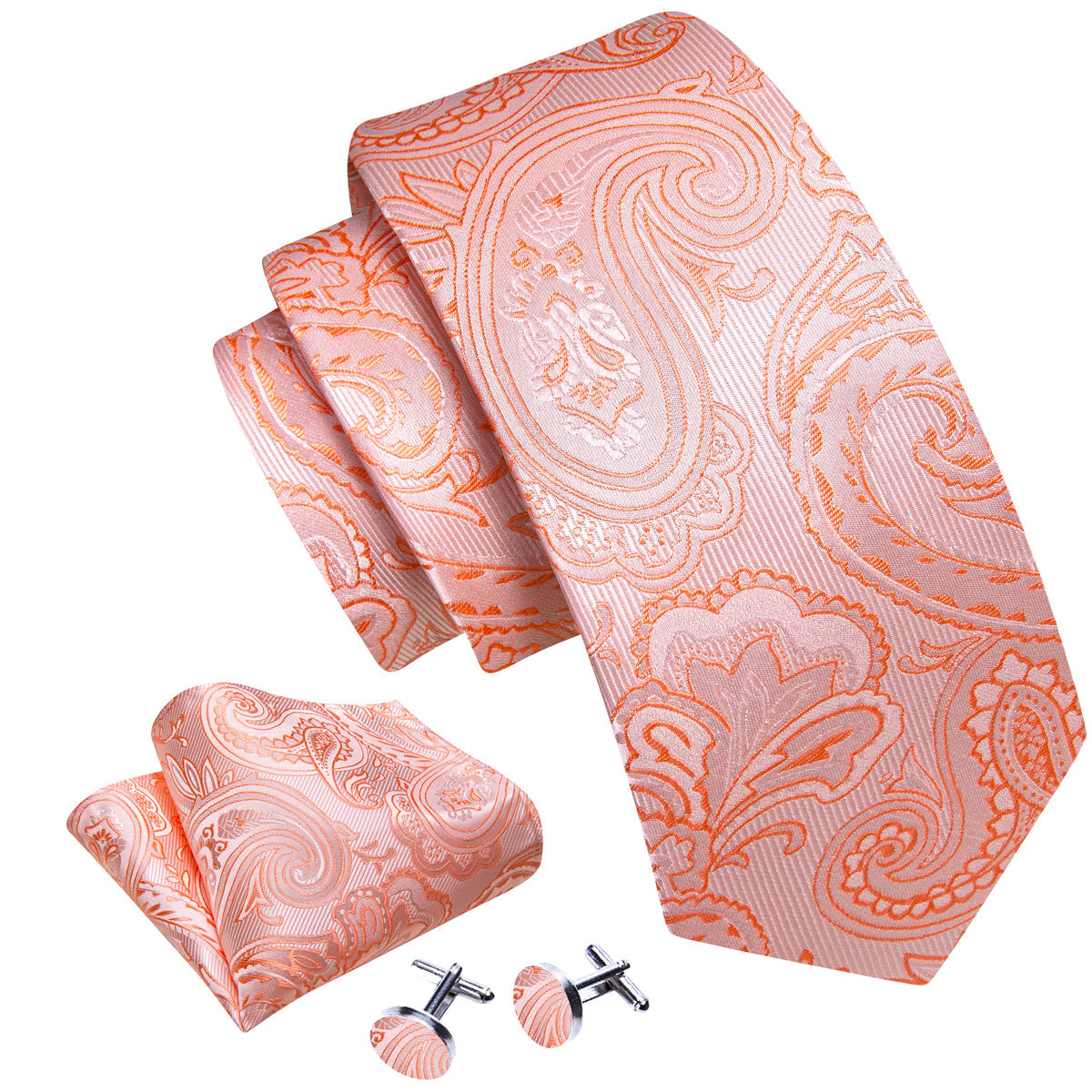 Pink Orange Paisley Silk Tie, Pocket Square and Cufflinks Set tie sets - Sophisticated Gentlemen
