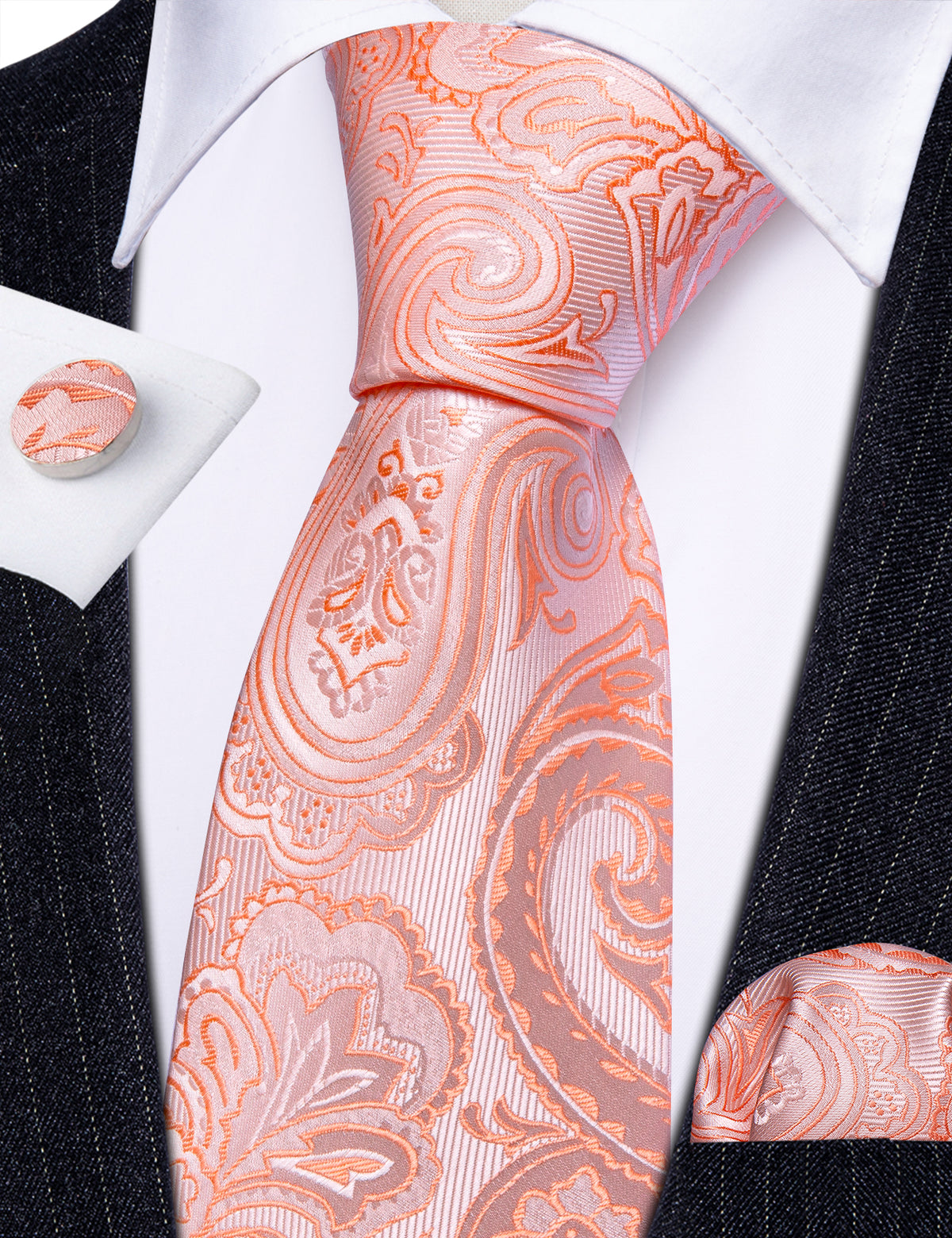 Pink Orange Paisley Silk Tie, Pocket Square and Cufflinks Set tie sets - Sophisticated Gentlemen
