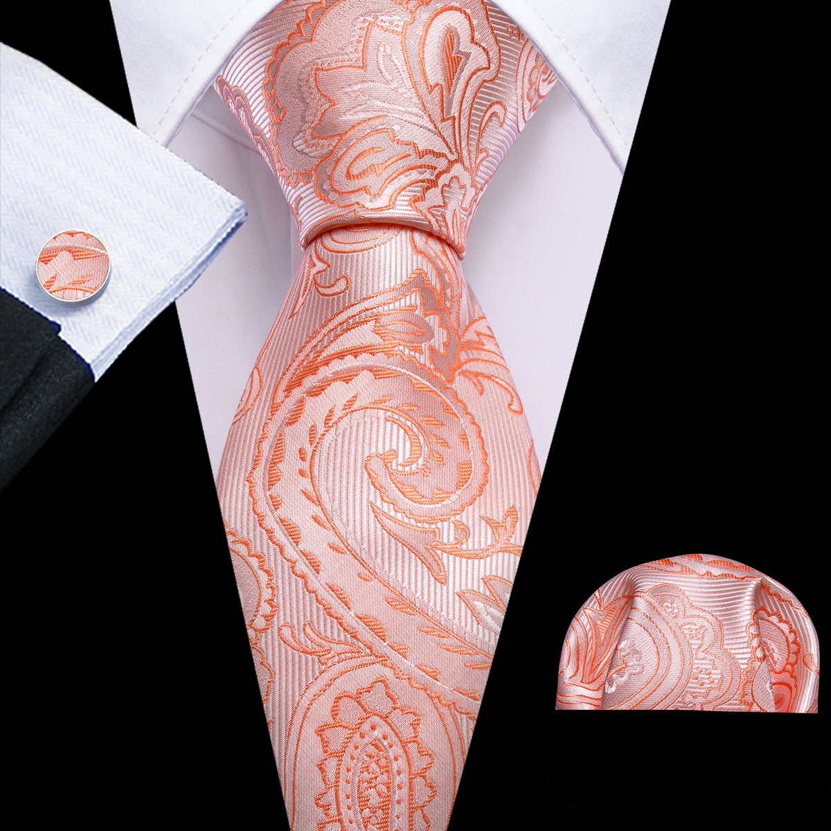 Pink Orange Paisley Silk Tie, Pocket Square and Cufflinks Set tie sets - Sophisticated Gentlemen