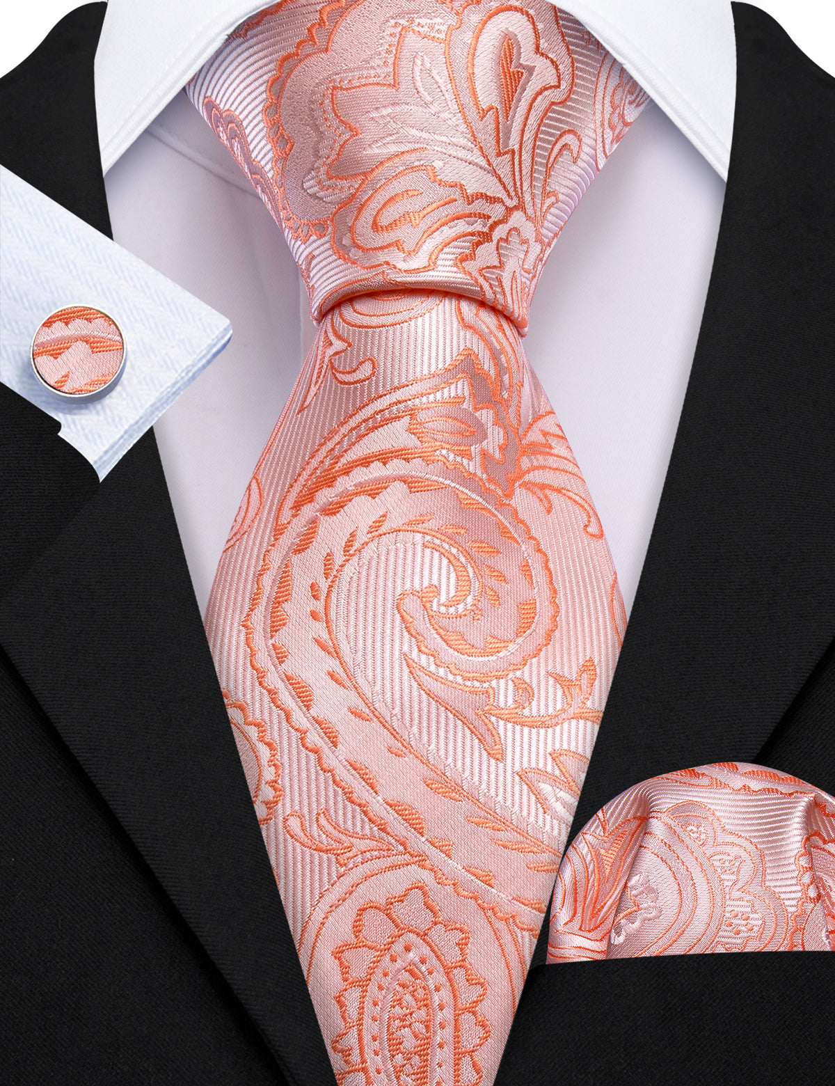 Pink Orange Paisley Silk Tie, Pocket Square and Cufflinks Set tie sets - Sophisticated Gentlemen