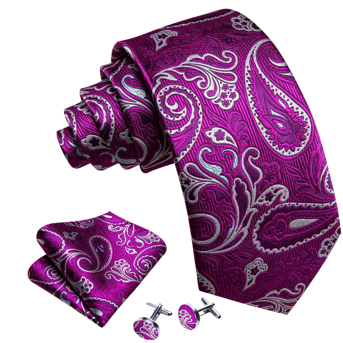 Purple White Paisley Silk Tie, Pocket Square and Cufflinks Set tie sets - Sophisticated Gentlemen